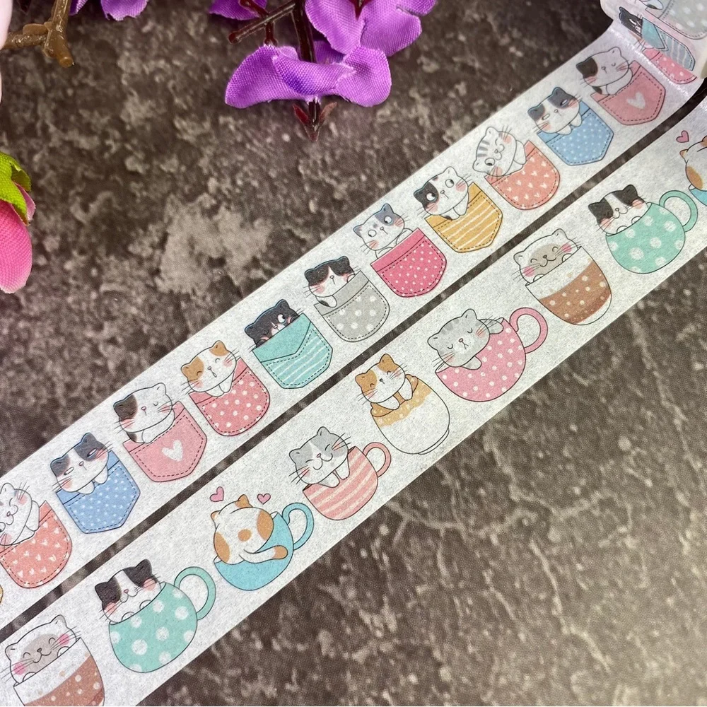 Kitty Cats In Pockets and Coffee Mugs, Washi Tape, Set Of 2 Rolls - Picture 4 of 9